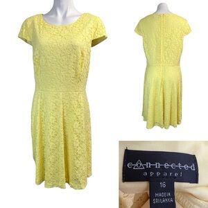 Connected Apparel dress plus size 16 Yellow Lace cap‎ sleeve A-line office